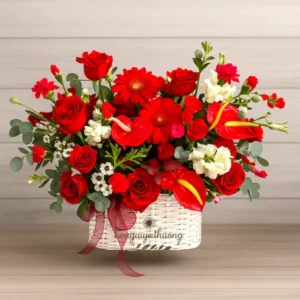 Shop hoa tươi gần đây – Giỏ hoa tươi rực rỡ với tone đỏ nổi bật, được cắm chuyên nghiệp.