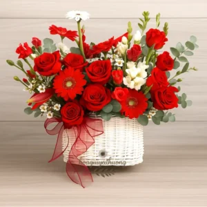 Giỏ hoa tươi tại cửa hàng hoa gần đây – thiết kế từ hoa hồng đỏ, cúc mẫu đơn và hoa trắng