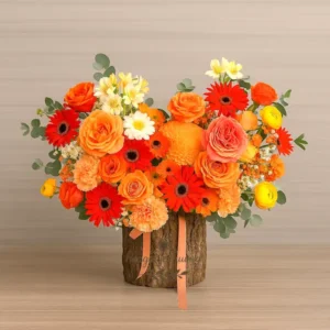 Giỏ hoa cam nổi bật với hoa hồng, đồng tiền và cúc mẫu đơn từ tiệm bán hoa gần đây.