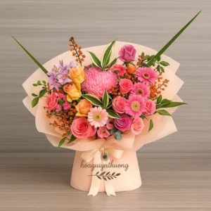 Bó hoa hồng phối mix màu hồng – Dịch vụ đặt hoa online gần đây giao nhanh.