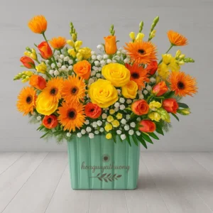 Lẵng hoa tươi tone cam – vàng nổi bật trong hộp màu xanh mint từ shop hoa gần nhà.
