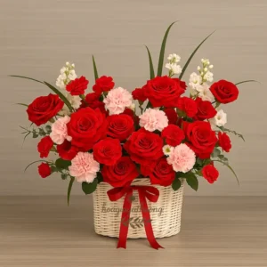 Bó hoa tươi gồm hoa hồng đỏ và cẩm chướng hồng được cắm nghệ thuật trong giỏ mây, từ shop hoa đẹp gần đây.