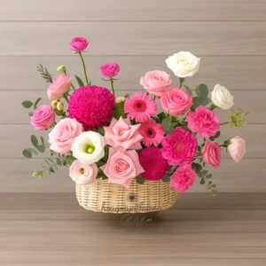 Giỏ hoa tươi nhiều sắc độ hồng, kết hợp hoa đồng tiền, hoa hồng pastel và hoa mẫu đơn – lựa chọn lý tưởng cho ai đang tìm mua hoa tươi gần đây.