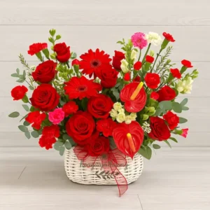 Giỏ hoa tươi đỏ rực rỡ, cắm trong giỏ trắng đặt trên nền gỗ sáng