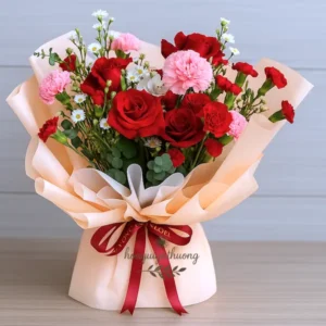 Bó hoa đỏ đẹp tươi từ shop hoa giá tốt gần đây, nổi bật với hoa hồng đỏ và cẩm chướng hồng