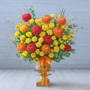 Lẵng hoa tone vàng cam nổi bật tại shop hoa khuyến mãi gần đây – mẫu hoa tươi thiết kế sang trọng, giao nhanh trong ngày