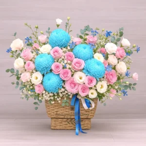 Giỏ hoa tone xanh pastel nhẹ nhàng tại tiệm hoa gần đây có freeship – thiết kế sang trọng, giao miễn phí nhanh chóng