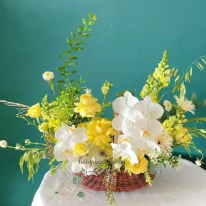 Giỏ hoa tặng bạn gái gần đây – phối lan trắng, hồng vàng và lá xanh tươi, mang thông điệp tinh khôi và dịu dàng