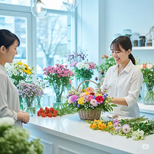 Shop hoa tươi gần đây – Nhân viên đang cắm hoa đa sắc trong không gian hiện đại