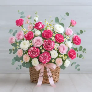 "Giỏ hoa hồng pastel thiết kế riêng theo yêu cầu, tông hồng kem – phù hợp làm quà tặng tinh tế tại tiệm hoa thiết kế riêng ở TP.HCM"