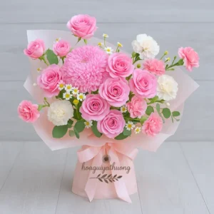 Bó hoa tone hồng nhẹ nhàng với cúc mẫu đơn và hoa hồng, lựa chọn tinh tế từ shop hoa gần tôi nhất – Hoa Gửi Yêu Thương.