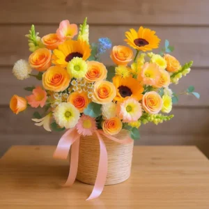 Giỏ hoa rực rỡ đặt tại tiệm hoa tươi gần đây nhất – Hoa Gửi Yêu Thương với sắc cam vàng nổi bật.