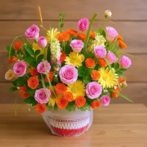 Shop hoa tươi giao tận nơi – Lẵng hoa hồng cam, hồng phấn và cúc rực rỡ đặt trên bàn gỗ