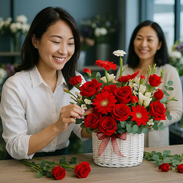Cửa hàng hoa gần đây – nhân viên đang cắm giỏ hoa tươi sắc đỏ và trắng trong không gian ấm cúng