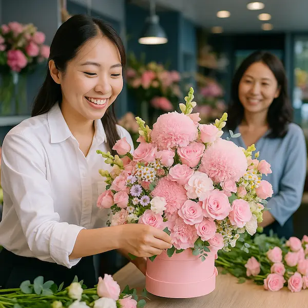 Nhân viên đang hoàn tất bó hoa tươi hồng pastel – dịch vụ đặt hoa nhanh gần tôi.