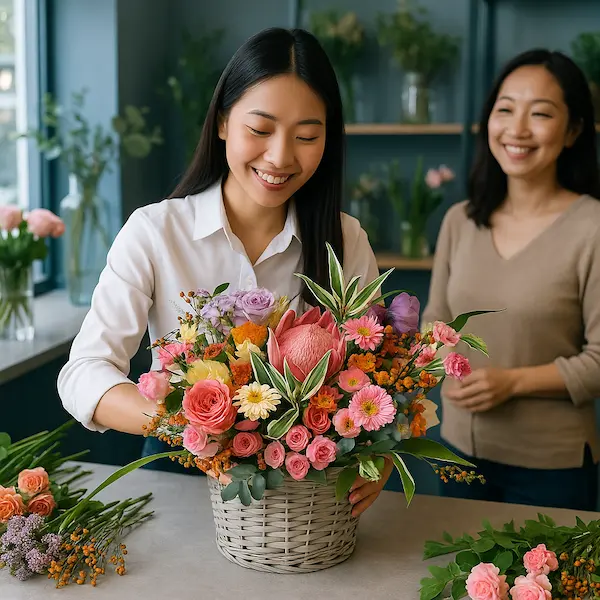 Hai nhân viên cắm giỏ hoa tươi tại cửa hàng – Dịch vụ đặt hoa online gần đây.