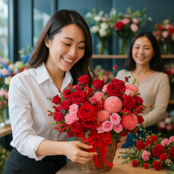 Nhân viên cửa hàng đang cắm hoa với nụ cười thân thiện tại địa chỉ tiệm hoa gần nhất, không gian đầy hoa tươi