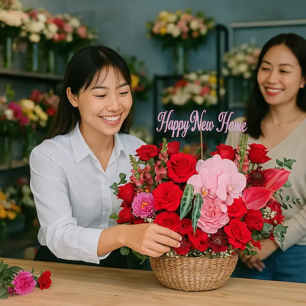 Bình hoa chúc mừng gần đây với tone đỏ – hồng nổi bật, thiết kế chuyên nghiệp