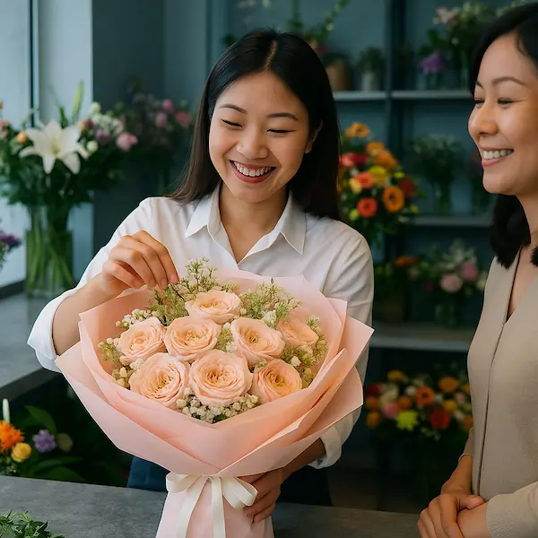 Bó hoa hồng pastel sang trọng tại shop hoa sinh nhật gần đây.