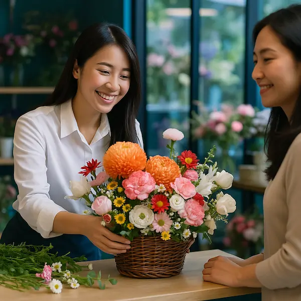 Mẫu hoa sinh nhật mẹ gần đây – thiết kế giỏ hoa cam hồng ấm áp, nhân viên đang trao tận tay cho khách hàng