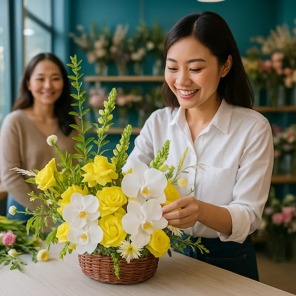 Nhân viên tiệm hoa đang thiết kế giỏ hoa tặng bạn gái gần đây – tone vàng trắng nhẹ nhàng, tinh tế và dịu dàng