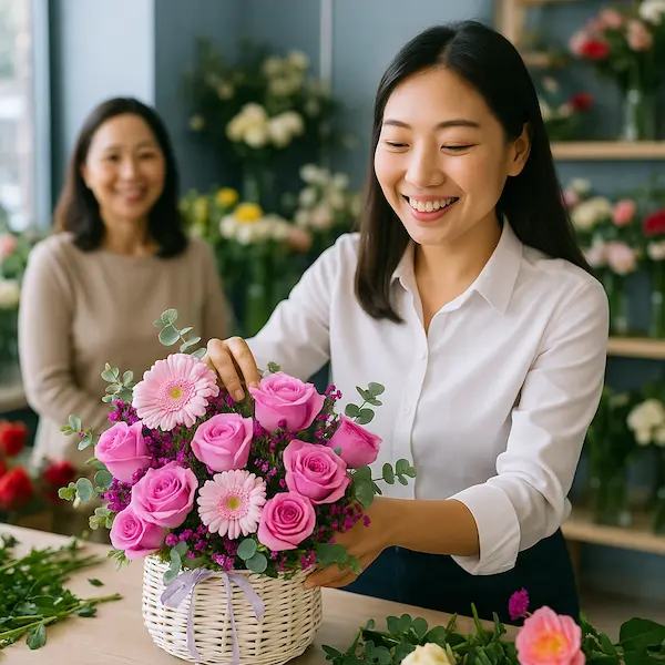 Shop hoa tươi 24h gần đây – nhân viên đang cắm hoa với nụ cười rạng rỡ
