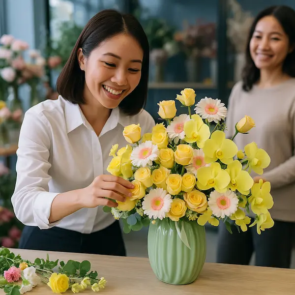 Nhân viên đang cắm bình hoa tươi màu vàng tại cửa hàng hoa tươi chất lượng gần đây
