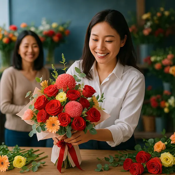 Nhân viên tiệm hoa đang trao tay giỏ hoa rực rỡ – lựa chọn hoàn hảo cho ai muốn mua hoa gần đây