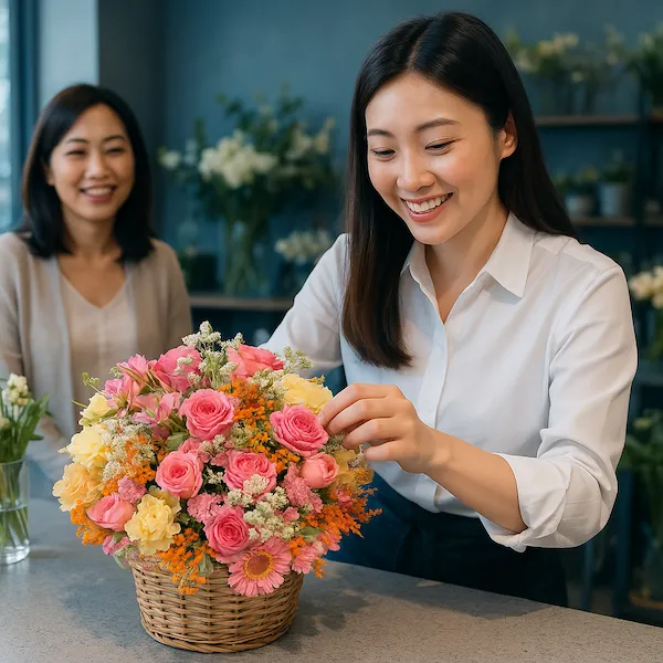 Nhân viên cửa hàng đang cắm giỏ hoa tặng lễ với sắc màu rực rỡ, khi khách hàng có yêu cầu mua hoa ngày lễ gần đây ngay trung tâm