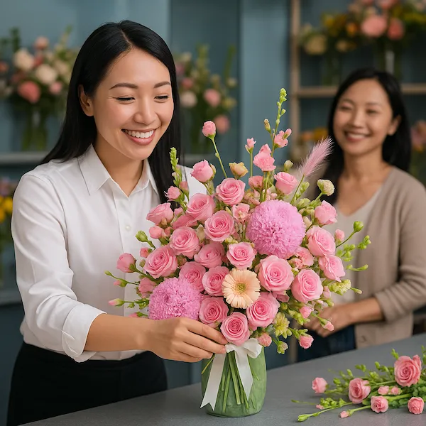 Cắm bình hoa hồng pastel và hoa cẩm tú đẹp tại shop hoa có giao nhanh.