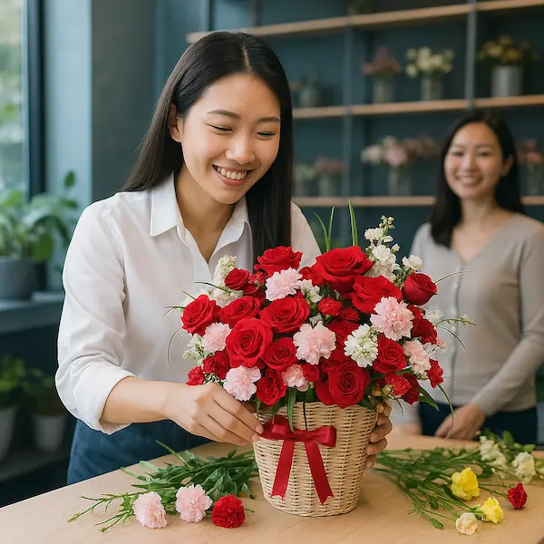 Nhân viên tại shop hoa đẹp gần đây đang cắm giỏ hoa đỏ trắng tinh tế, không gian tươi sáng, chuyên nghiệp.