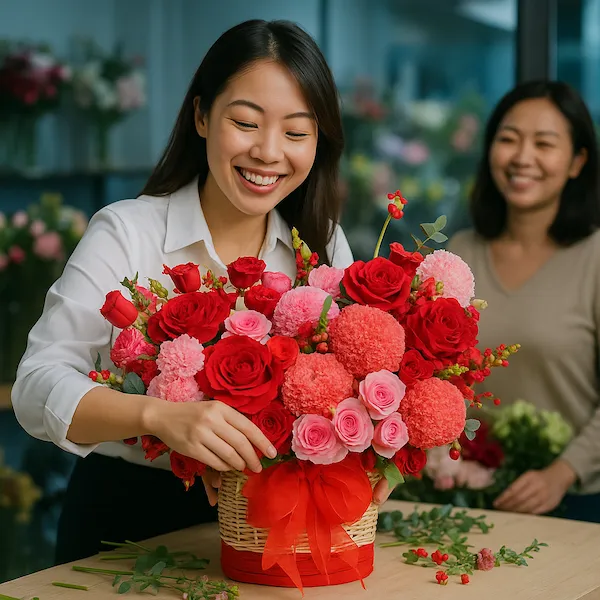 Nhân viên shop hoa gần bệnh viện đang gói hoa tặng người thân