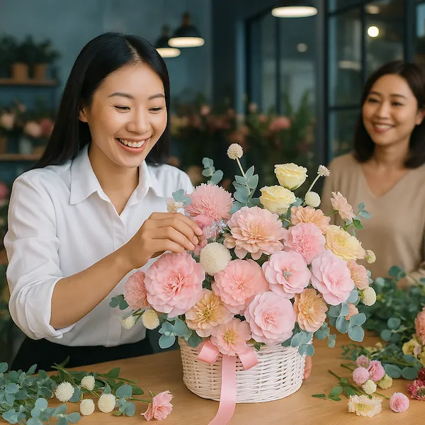 Shop hoa gần công ty đang cắm giỏ hoa hồng pastel sang trọng