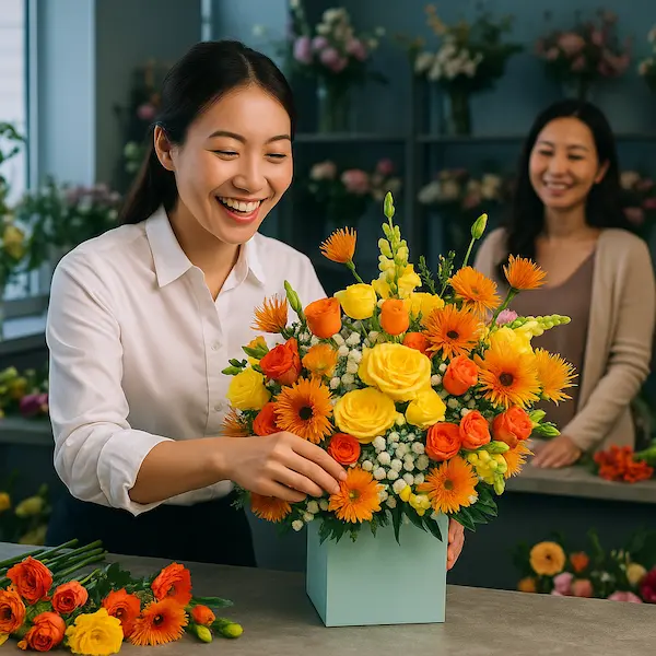 Shop hoa gần nhà với giỏ hoa cam vàng tươi tắn được cắm bởi nhân viên thân thiện.