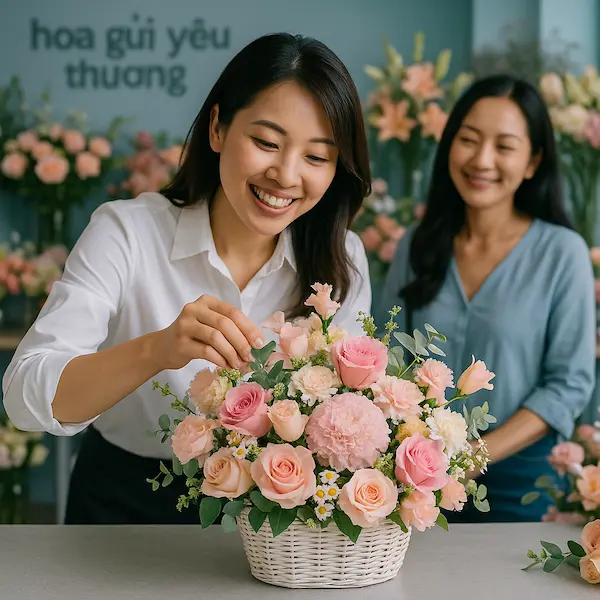 Nhân viên cắm hoa chuyên nghiệp đang chuẩn bị giỏ hoa hồng pastel trong không gian của shop hoa gần tôi nhất – Hoa Gửi Yêu Thương.