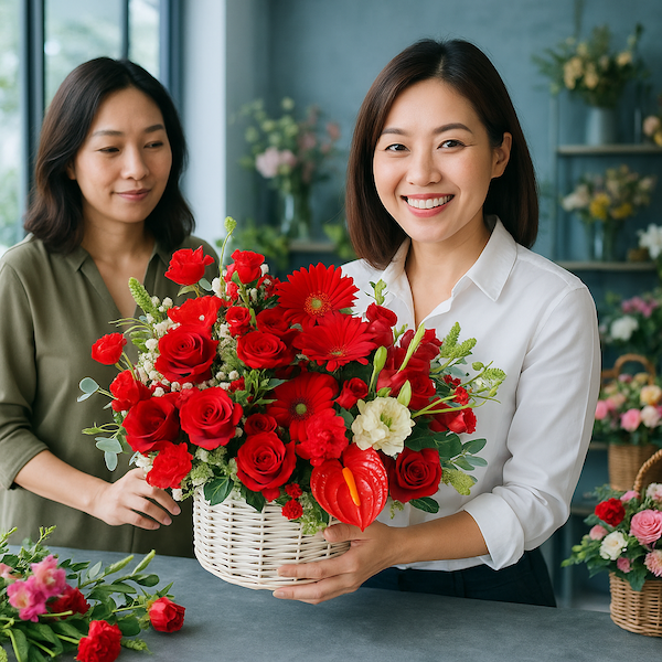 Nhân viên shop hoa giao nội thành đang cắm giỏ hoa tông đỏ tại cửa hàng, phía sau có khách hàng đang cười