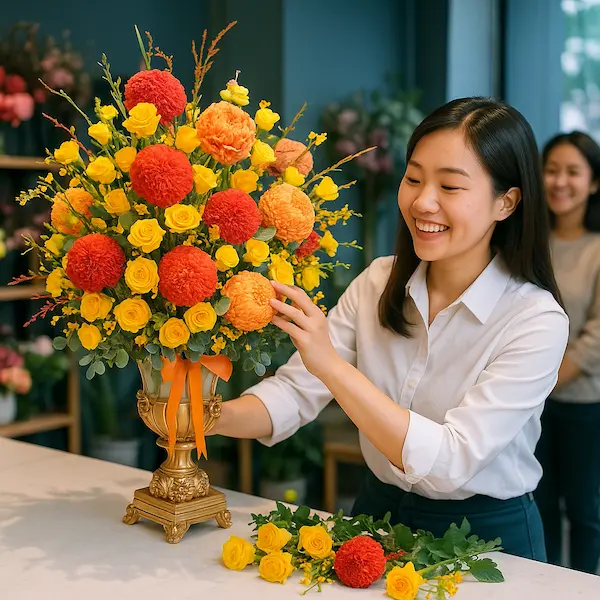 Nhân viên cắm hoa tươi tại shop hoa khuyến mãi gần đây – giỏ hoa vàng cam rực rỡ, khuyến mãi hấp dẫn