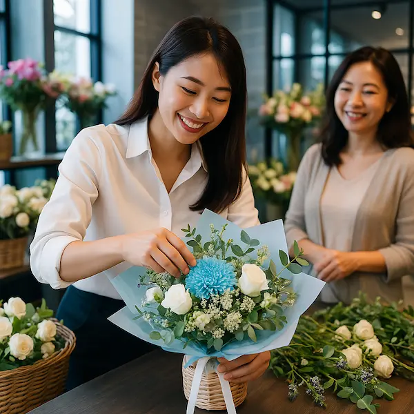 Nhân viên cửa hàng Hoa Gửi Yêu Thương đang gói hoa tươi tại shop hoa online giá tốt, không gian ấm cúng và hiện đại.