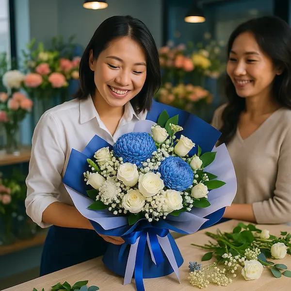 Nhân viên tiệm hoa phong cách Hàn Quốc đang cắm bó hoa xanh trắng tinh tế