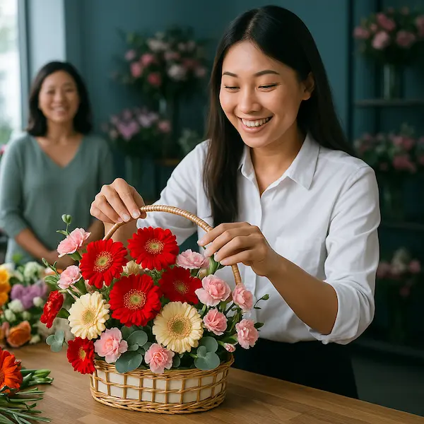 Shop hoa sinh nhật – Hoa tươi được cắm thủ công trong giỏ mây, phù hợp tặng bạn bè, người thân.