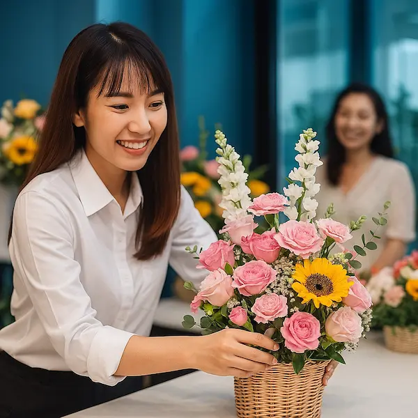 Nhân viên đang thiết kế hoa tại shop hoa tươi cao cấp Hoa Gửi Yêu Thương, không gian hiện đại và tràn ngập sắc hoa.