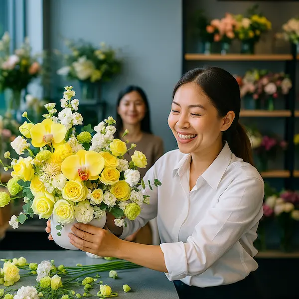 Shop hoa tươi cho bạn gái – Nhân viên cắm hoa rạng rỡ trong cửa tiệm Hoa Gửi Yêu Thương