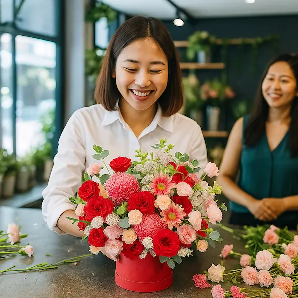 Shop hoa tươi cho mẹ – Nhân viên cắm hoa tặng mẹ với phong cách tươi sáng, tinh tế