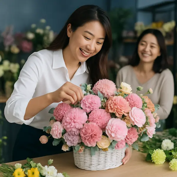 Nhân viên shop hoa tươi có khuyến mãi đang cắm giỏ hoa hồng và cẩm chướng tông hồng pastel, không gian ấm cúng
