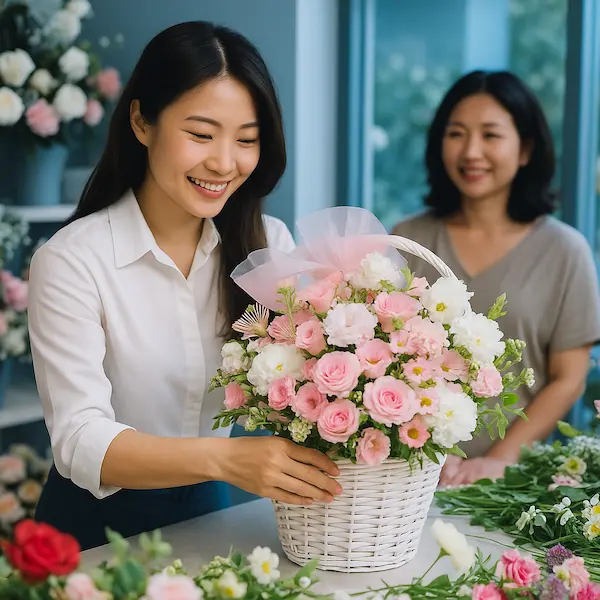 Nhân viên cắm hoa chuyên nghiệp tại shop hoa tươi gần công ty, không gian ấm cúng và hiện đại