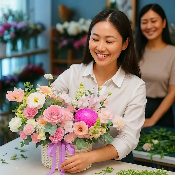 Nhân viên cửa hàng đang hoàn thiện giỏ hoa đẹp – chụp tại shop hoa tươi gần đây có giao hàng