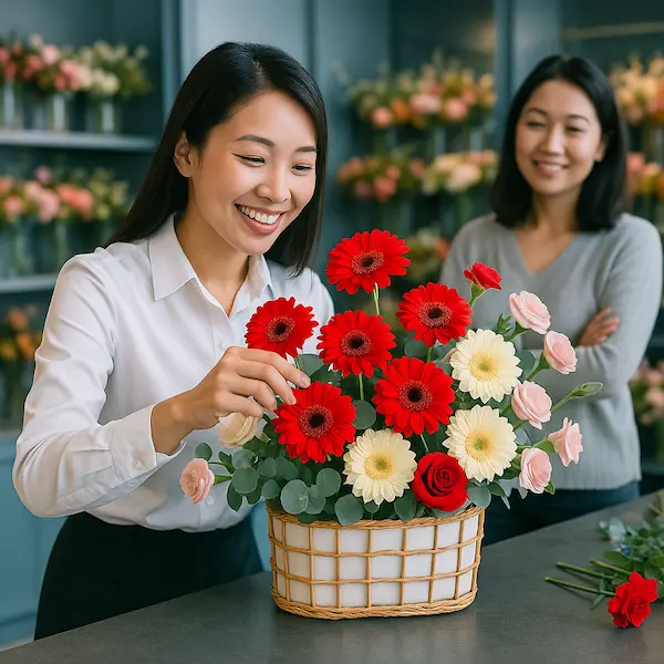 Shop hoa tươi gần đây – Nhân viên đang cắm giỏ hoa đồng tiền đỏ, vàng kem và hồng pastel.