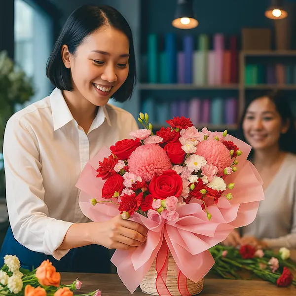 Nhân viên cắm hoa tại shop hoa tươi gần khu công nghiệp, giao hoa tận nơi