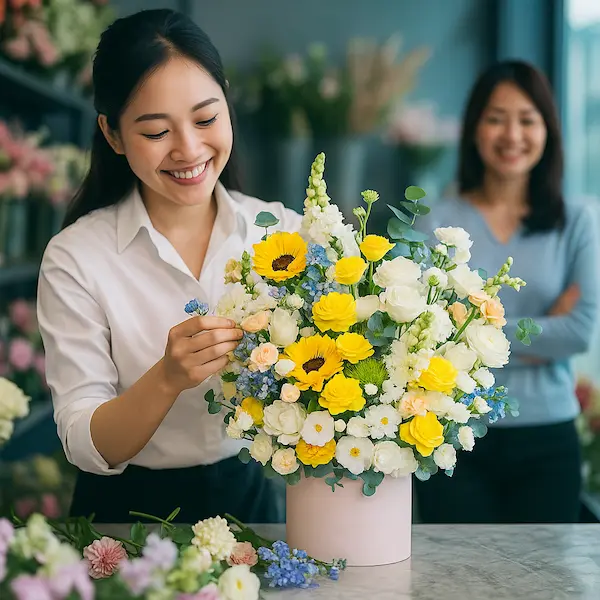 Nhân viên cắm hoa tươi tại shop hoa gần quận 1, phong cách chuyên nghiệp, thân thiện