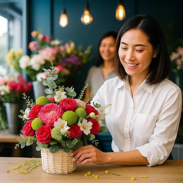 Nhân viên đang chuẩn bị giỏ hoa tươi trong shop hoa tươi gần tôi – Hoa Gửi Yêu Thương.